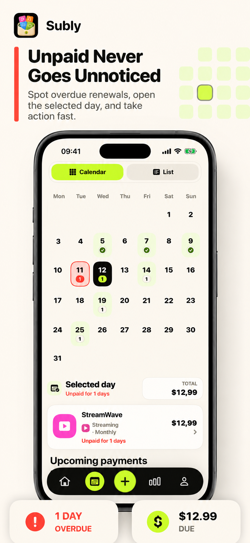 Subly payment calendar and overdue payment view