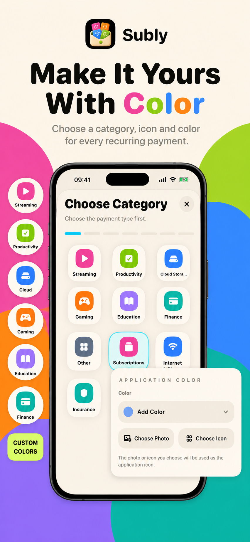 Subly categories, icons and color personalization
