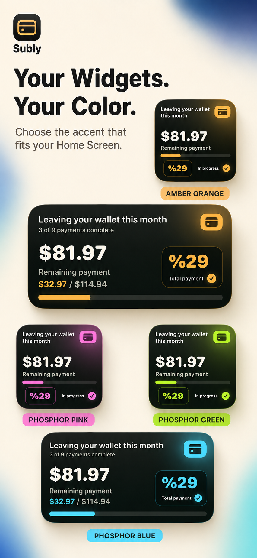 Subly Home Screen widgets in four accent colors